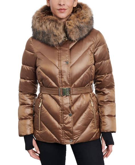 water resistant faux fur trim hooded puffer jacket michael kors|Michael Kors insulated jacket.